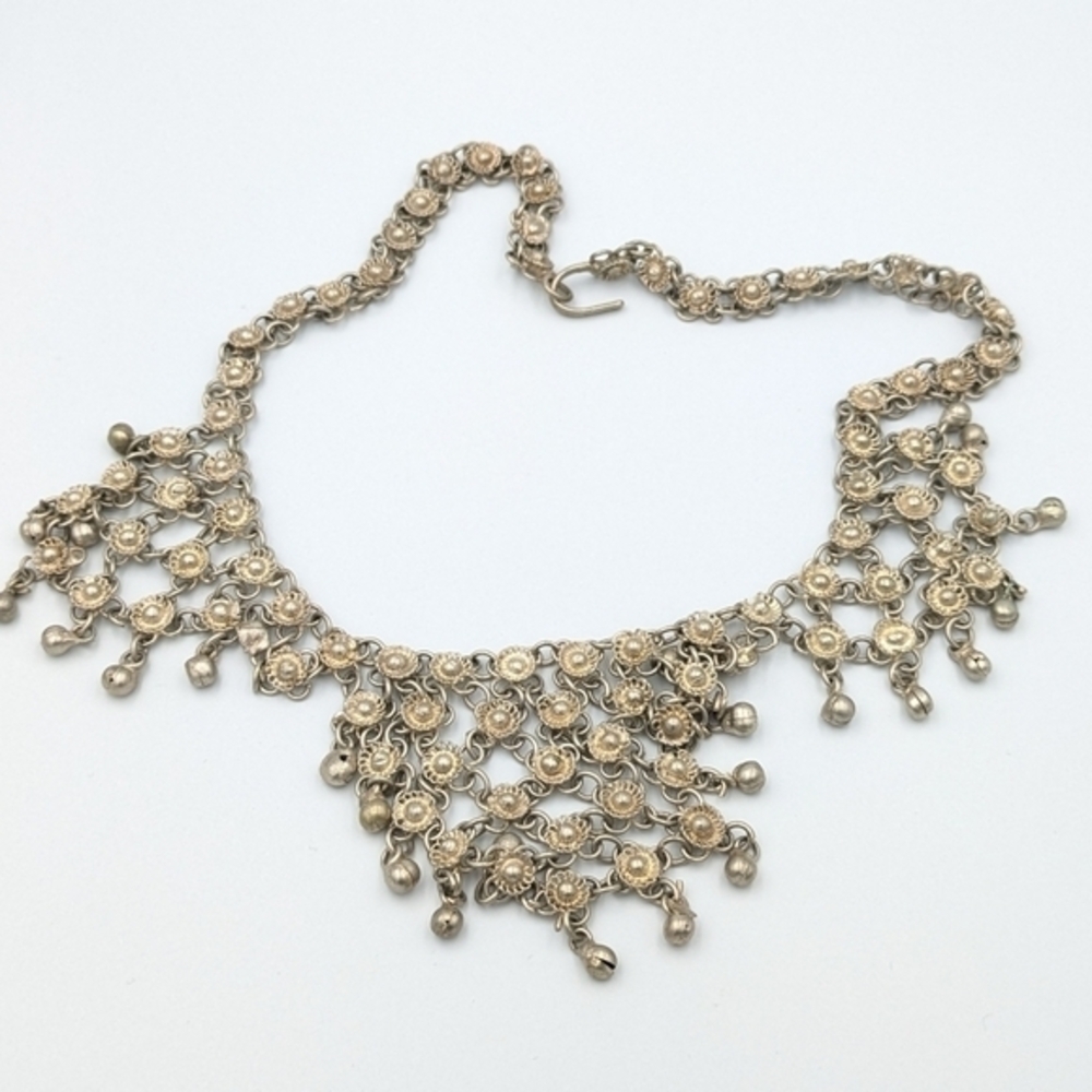 Bezalel style Yemenite filigree mesh silver tone vintage necklace, hand crafted